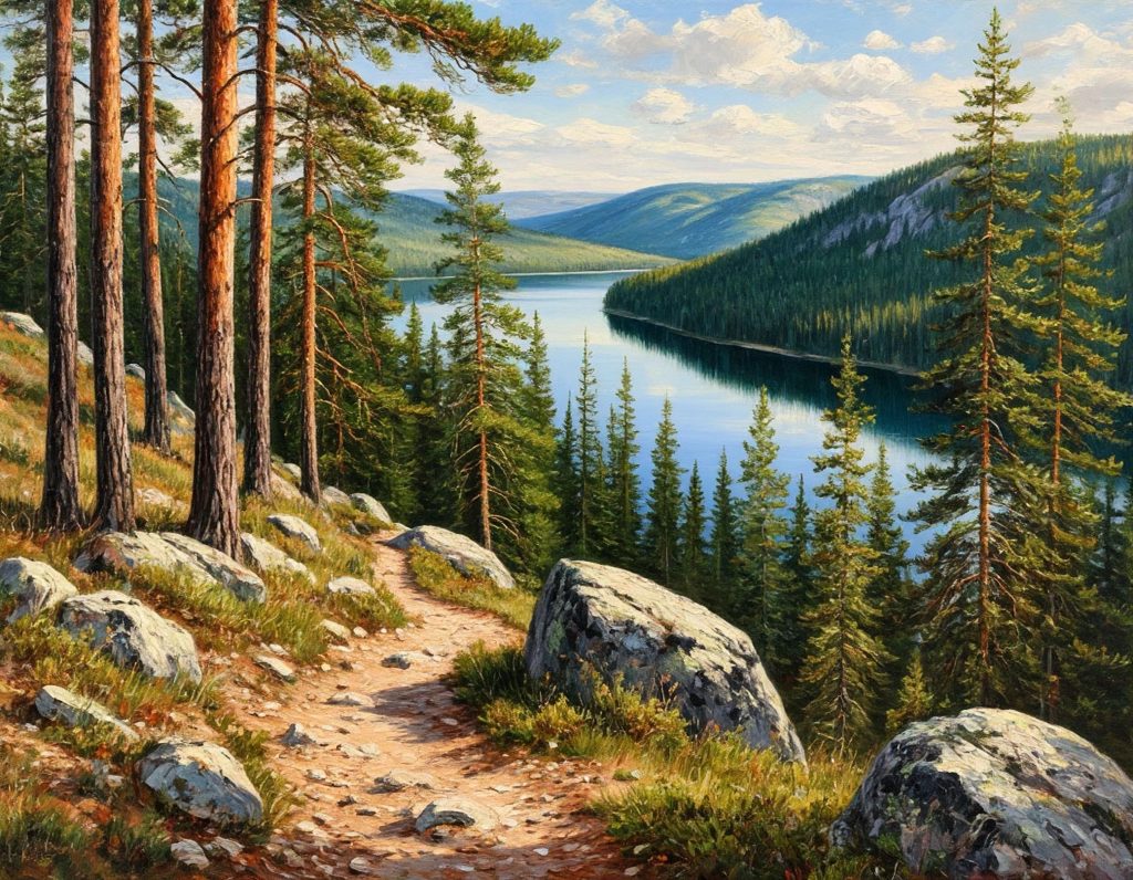 Каменистая тропа среди сосен с панорамным видом на длинное горное озеро.